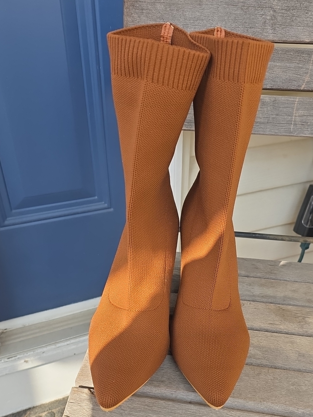 Cuccoo Women's Brown Knit Pointed-Toe Sock Heeled Boots - Size 41 (US 9.5)